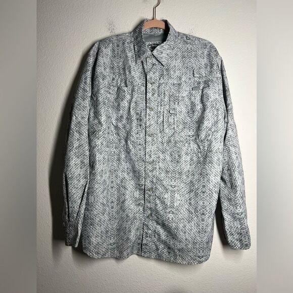 Reel Legends Shirt Mens Saltwater Gray White Button Up Long Sleeve Fishing Sz M - Picture 1 of 13
